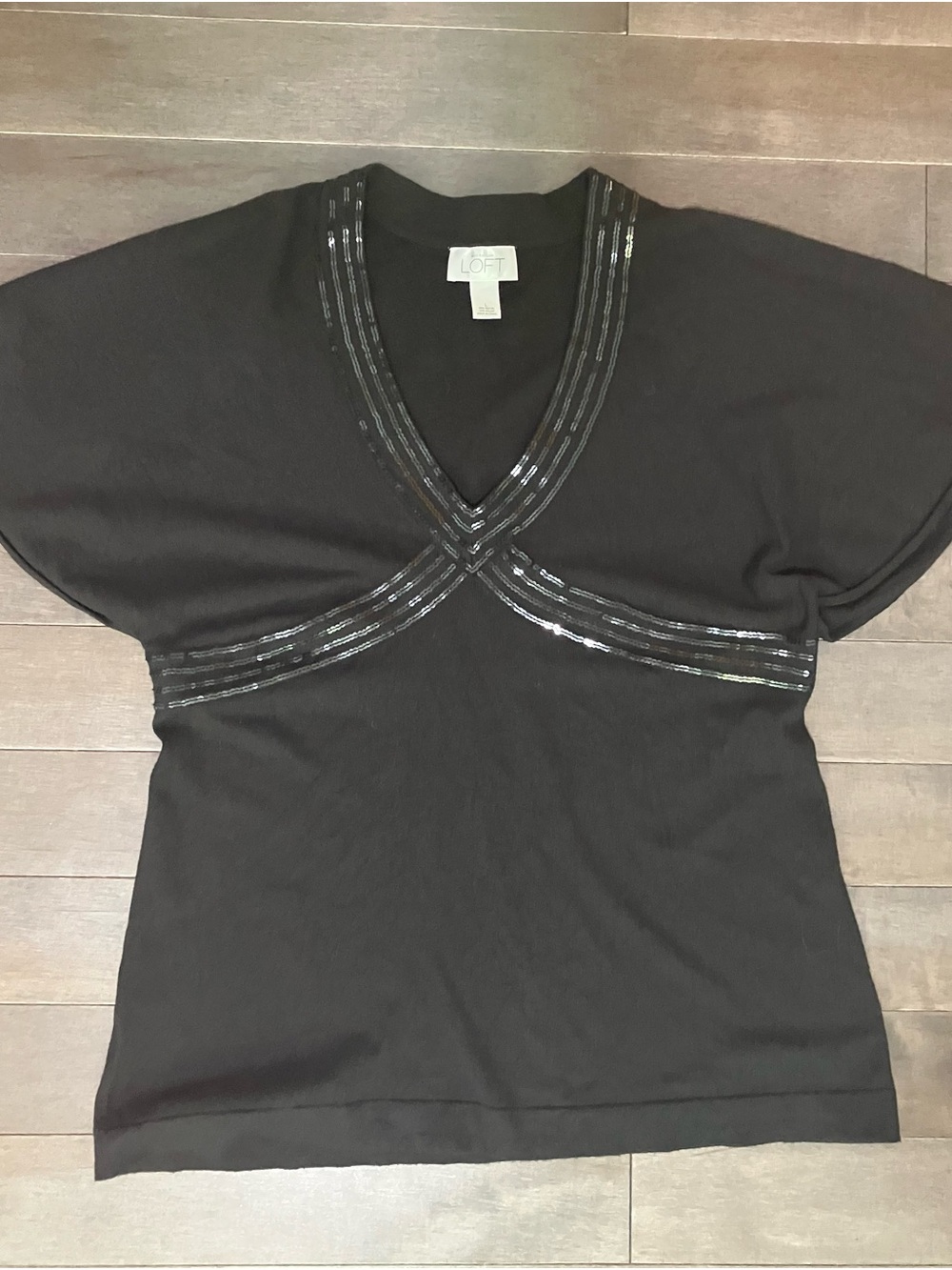LOFT Black V-Neck Dolman Sleeve Top with Sequin Detail